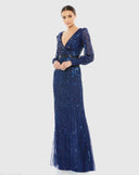 Mac Duggal Sequin Bishop Sleeve Gown - Navy