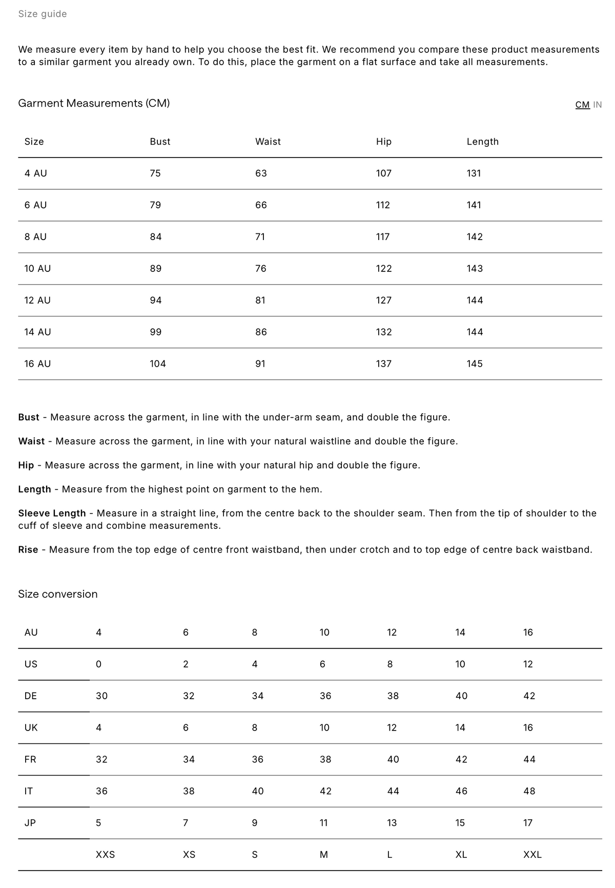 Size chart